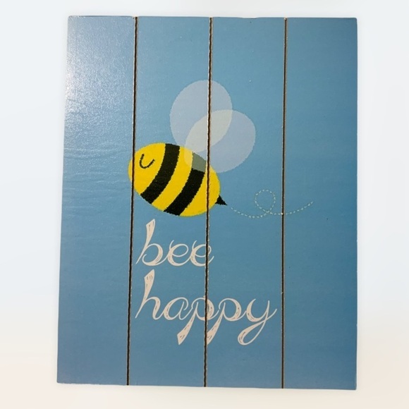 Wall Plaque Hanging Picture Bee Happy Phrase Blue - Picture 4 of 4